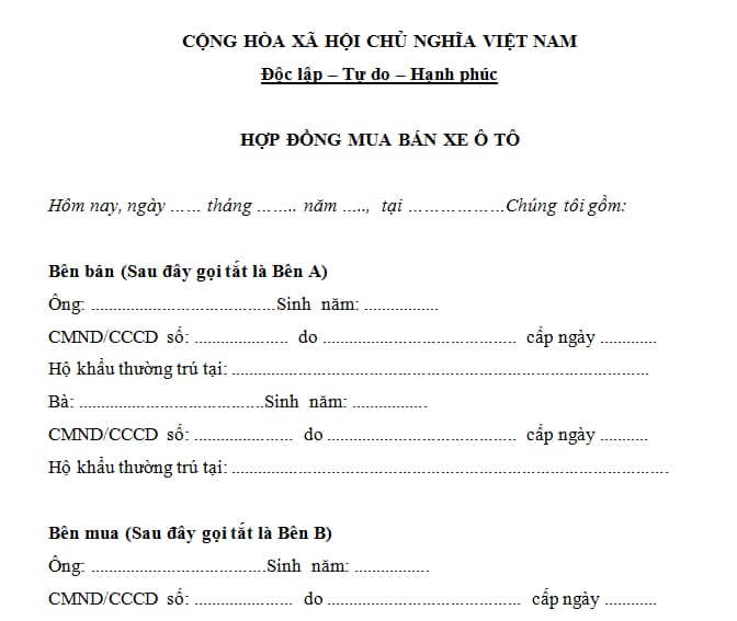 Mẫu hợp đồng mua bán xe ô tô cũ viết tay? Hợp đồng mua bán xe ô tô cũ có cần công chứng, chứng thực không?