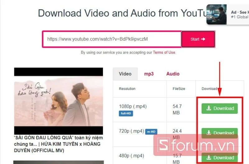 Giao diện trang web hỗ trợ tải video Youtube chất lượng cao 1080p