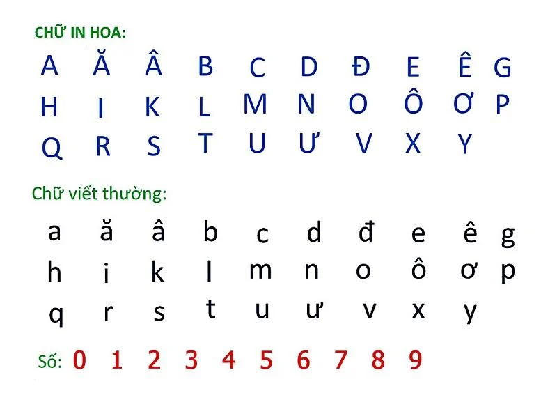Bảng chữ cái tiếng Việt chuẩn gồm chữ in hoa và chữ viết thường