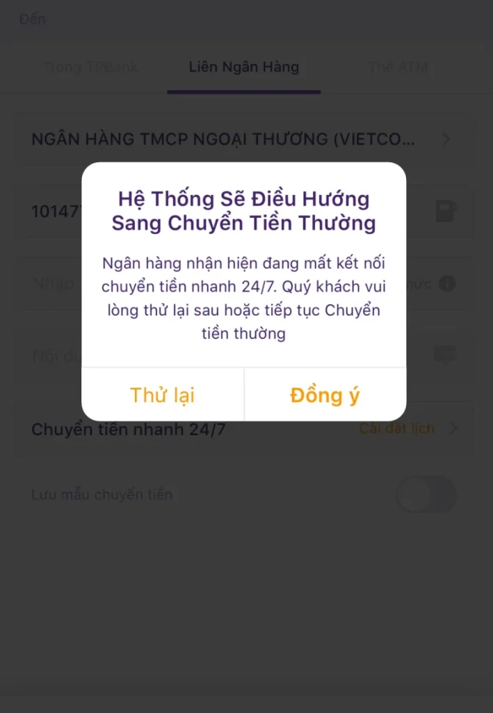 Thông báo lỗi hệ thống khi thực hiện chuyển khoản ngân hàng trực tuyến