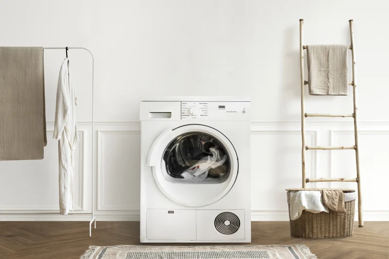 Máy giặt hiện đại trong không gian nội thất gia đình tối giản