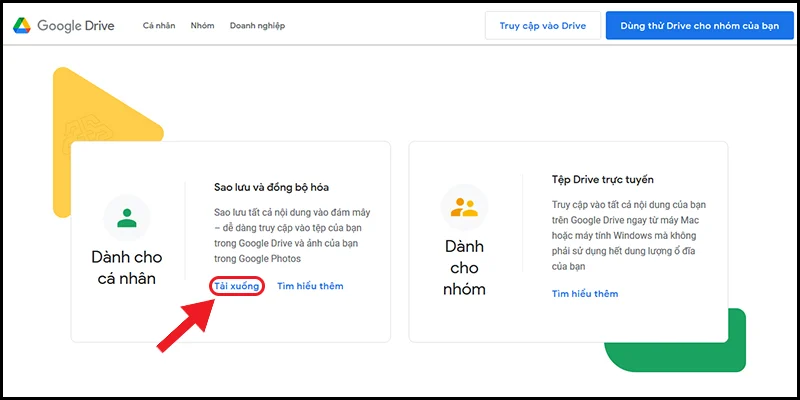 Giao diện tải xuống ứng dụng Google Drive cho máy tính cá nhân