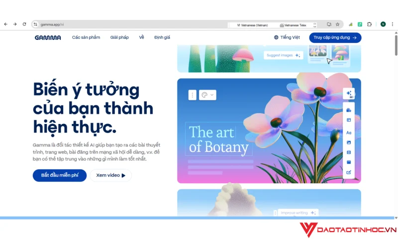 Giao diện trang chủ công cụ Gamma AI hỗ trợ tạo bài thuyết trình tự động