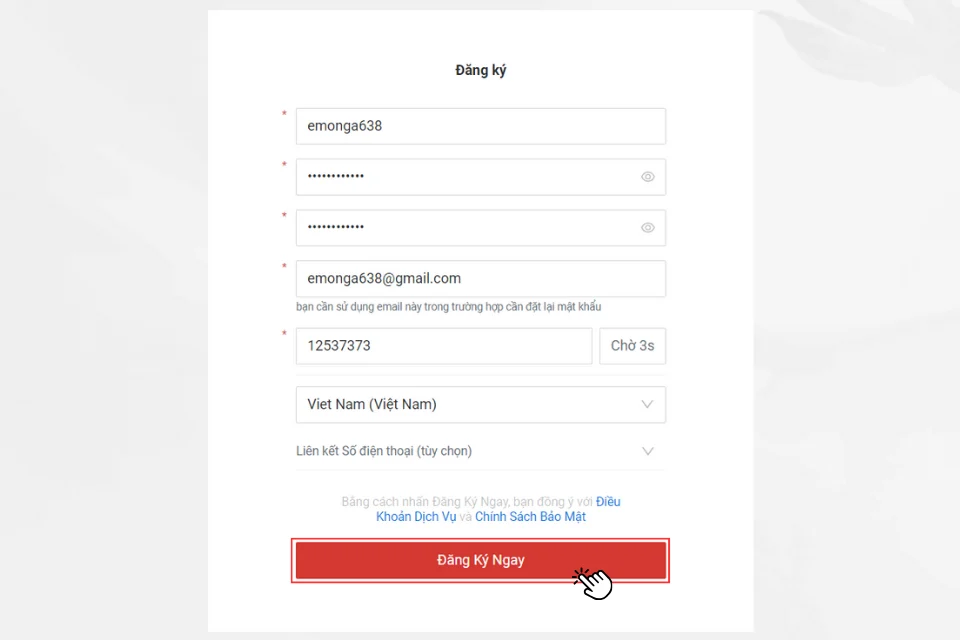 Giao diện đăng ký tài khoản Garena để chơi game Liên Quân Mobile