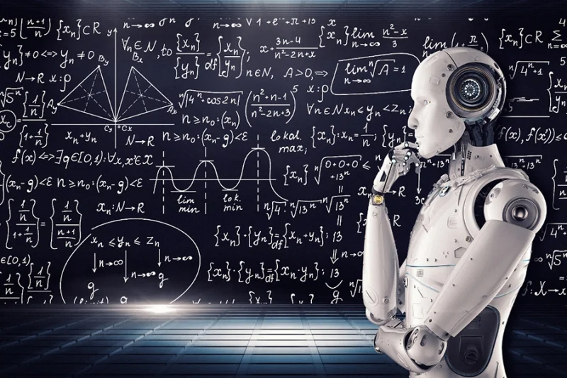 Robot thông minh đang suy nghĩ trước bảng công thức toán học phức tạp