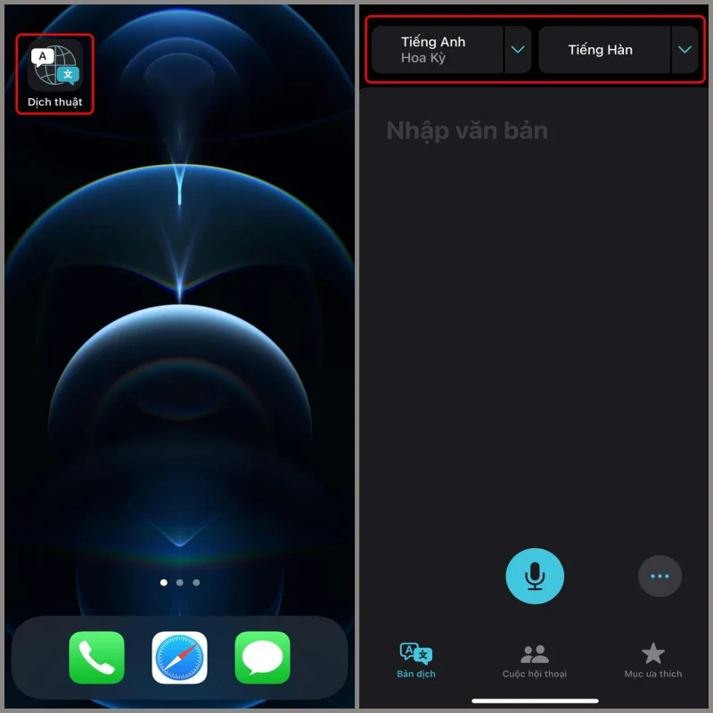 Giao diện ứng dụng Dịch thuật trên iPhone để sử dụng tính năng giọng nói