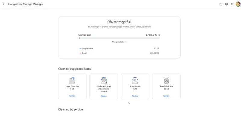 Giao diện quản lý dung lượng Google Drive giúp dọn dẹp bộ nhớ hiệu quả