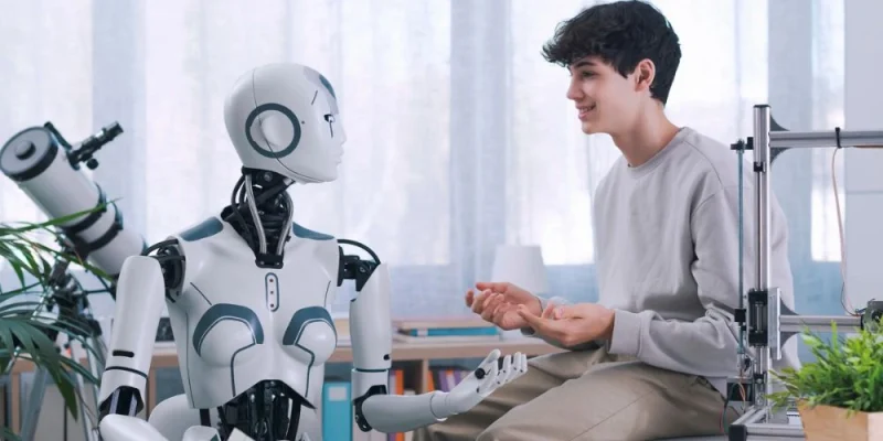 Chàng trai trẻ đang trò chuyện và tương tác cùng robot thông minh