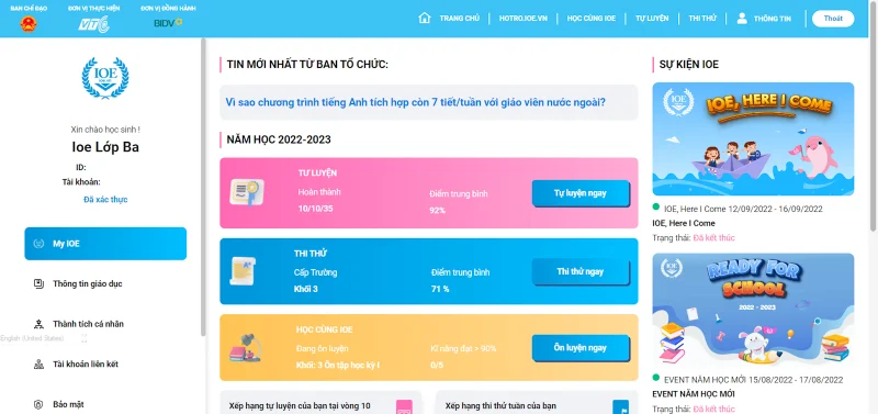 Giao diện trang chủ hệ thống luyện thi tiếng Anh trực tuyến IOE