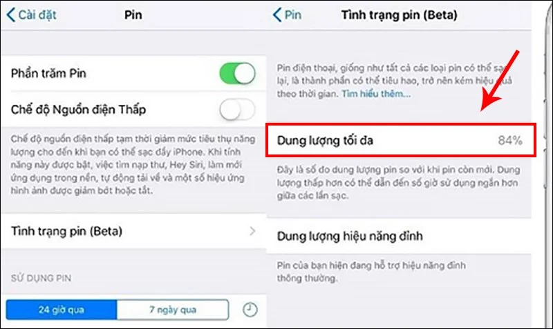 Kiểm tra dung lượng pin tối đa trên iPhone trong phần cài đặt