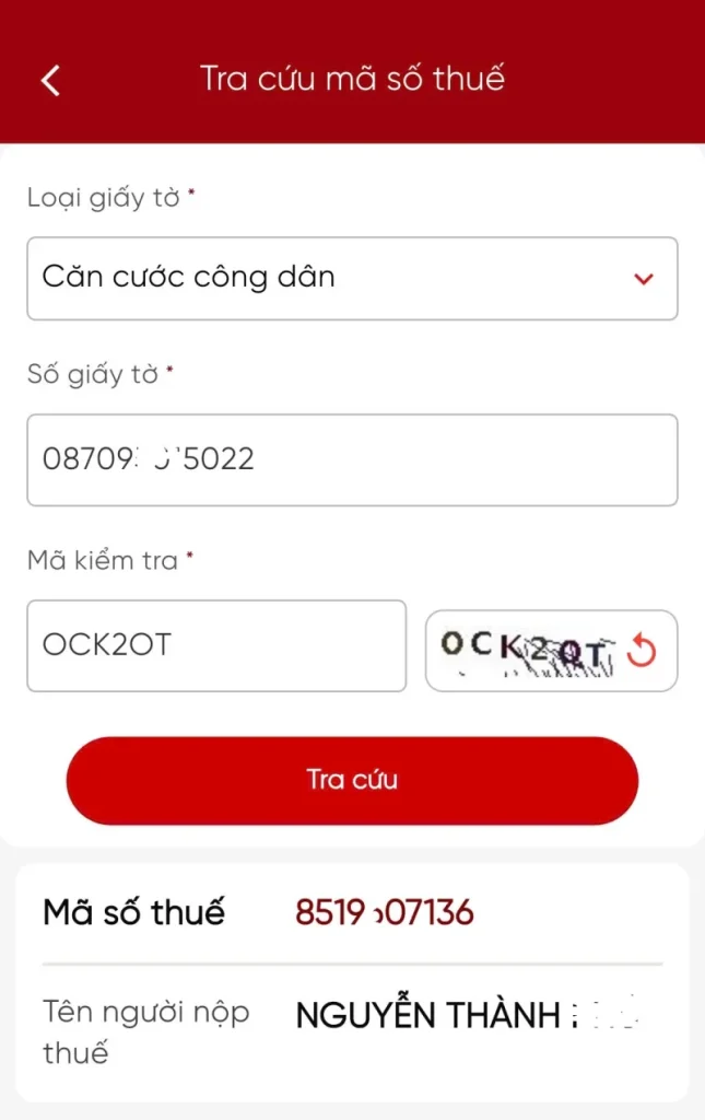 Giao diện tra cứu mã số thuế cá nhân bằng số căn cước công dân trực tuyến