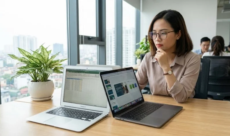 Nhân viên văn phòng làm việc với Macbook Air và Macbook Pro chuyên nghiệp