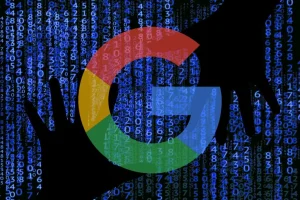 Biểu tượng Google trên nền mã nhị phân thể hiện sự kiểm soát dữ liệu