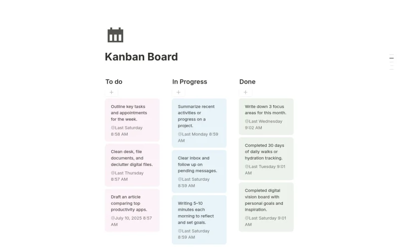 Giao diện bảng Kanban quản lý công việc hiệu quả trên ứng dụng Notion