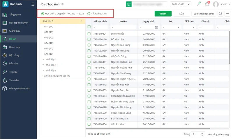 Giao diện quản lý hồ sơ học sinh trên hệ thống Smas 4.0