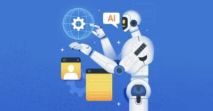 Robot AI thông minh đang tương tác với giao diện trò chuyện hiện đại