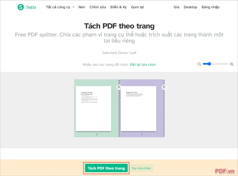 Giao diện công cụ trực tuyến hỗ trợ tách file PDF thành nhiều trang riêng lẻ