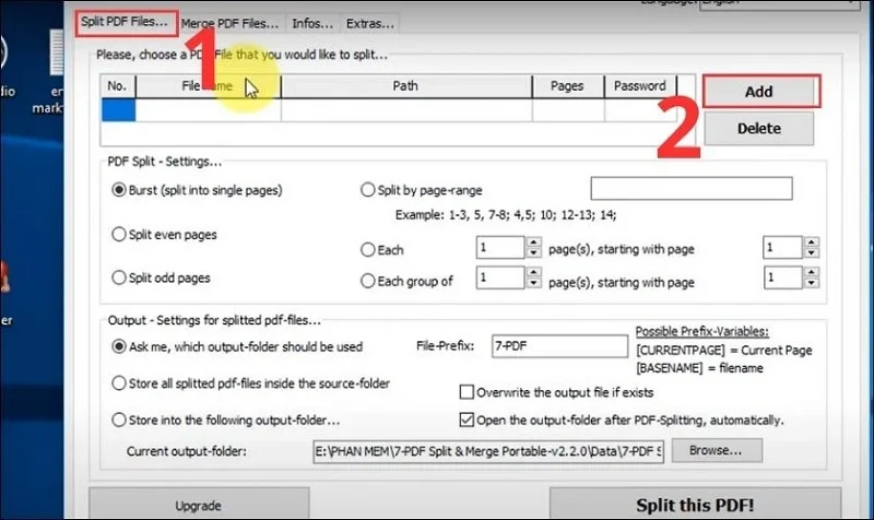Giao diện phần mềm hỗ trợ tách file PDF thành nhiều trang riêng lẻ