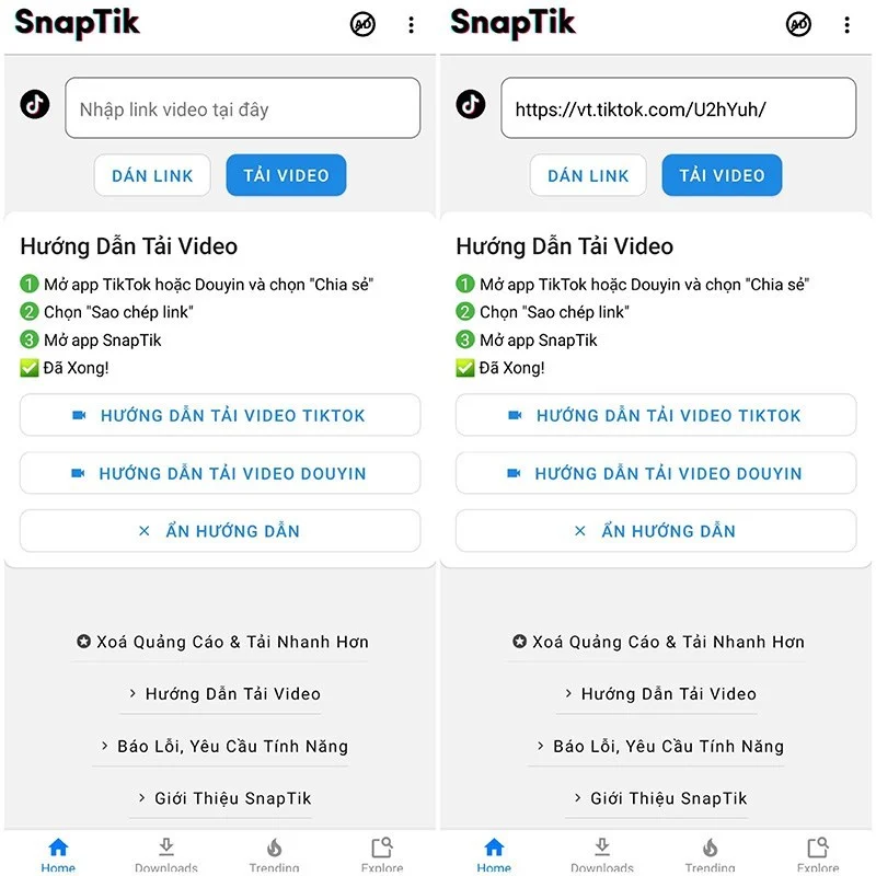 Giao diện ứng dụng SnapTik hỗ trợ tải video TikTok không logo nhanh chóng