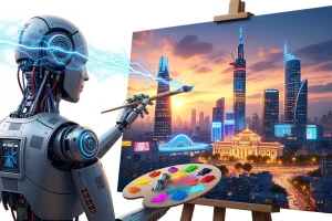 Robot AI vẽ tranh phong cảnh thành phố nghệ thuật từ văn bản