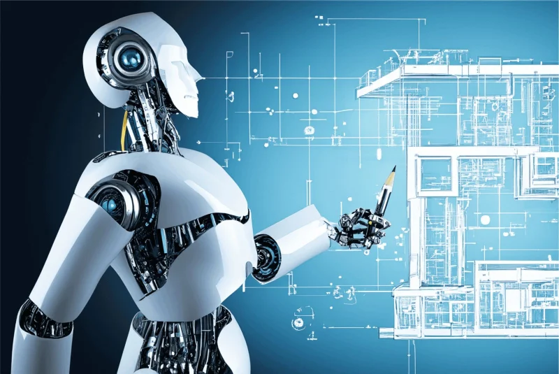 Robot trí tuệ nhân tạo đang thiết kế bản vẽ kiến trúc nghệ thuật