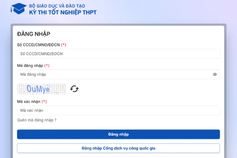 Giao diện trang đăng nhập hệ thống tra cứu điểm thi tốt nghiệp THPT quốc gia