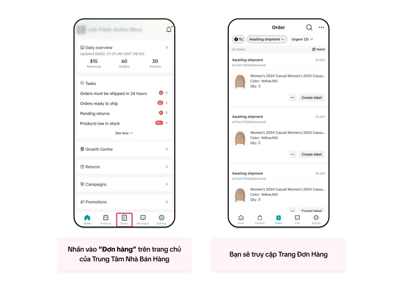 Giao diện quản lý đơn hàng trên ứng dụng TikTok Seller Center