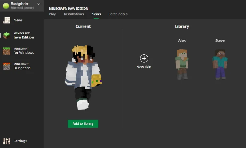 Giao diện quản lý skin nhân vật trong Minecraft Java Edition trên máy tính