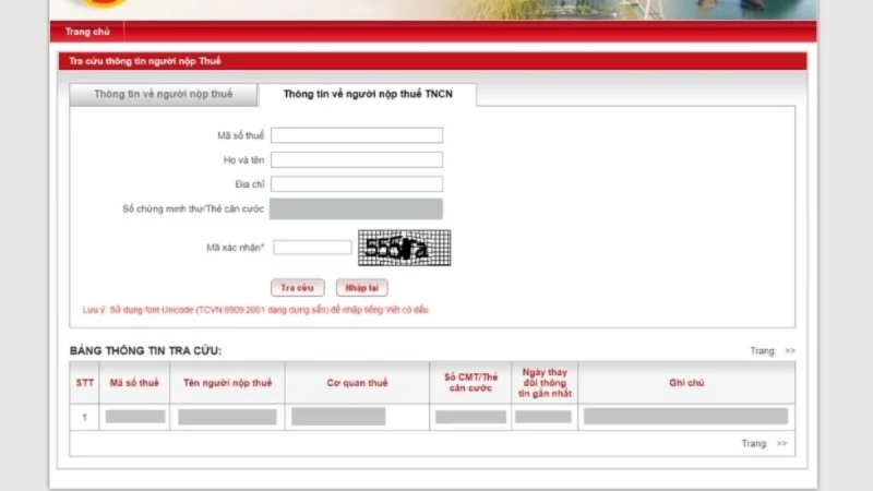 Giao diện trang web tra cứu thông tin mã số thuế cá nhân trực tuyến