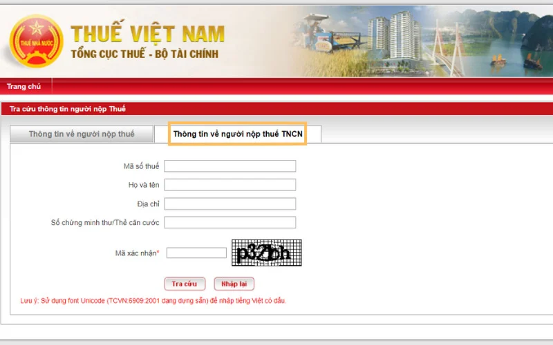 Giao diện trang web chính thức tra cứu mã số thuế cá nhân và doanh nghiệp