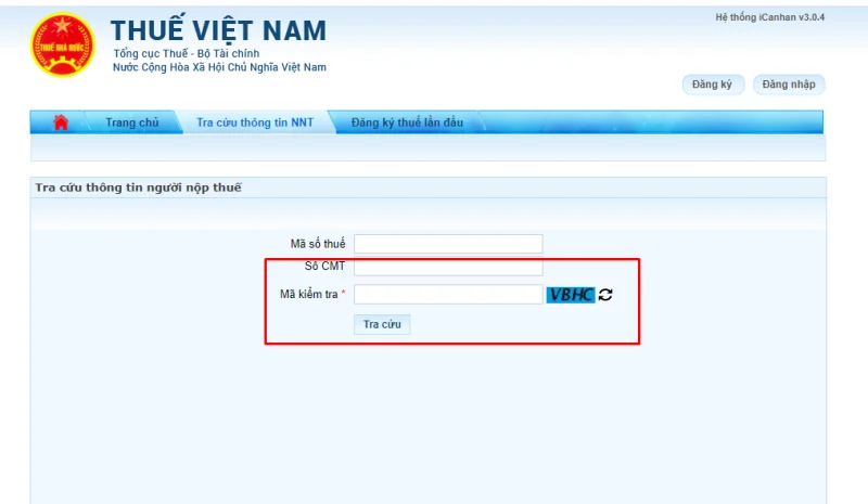 Giao diện trang web chính thức tra cứu mã số thuế cá nhân Việt Nam