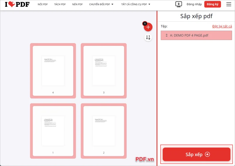 Giao diện công cụ sắp xếp và gộp các trang trong file PDF