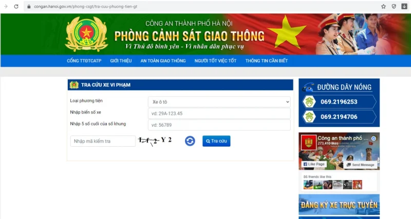 Giao diện trang web tra cứu phạt nguội ô tô chính thức của Cảnh sát giao thông