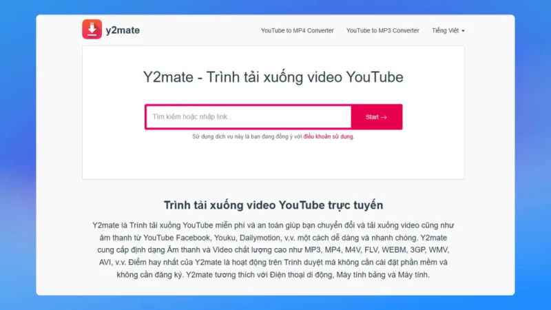 Giao diện trang web Y2mate hỗ trợ tải video từ Youtube nhanh chóng