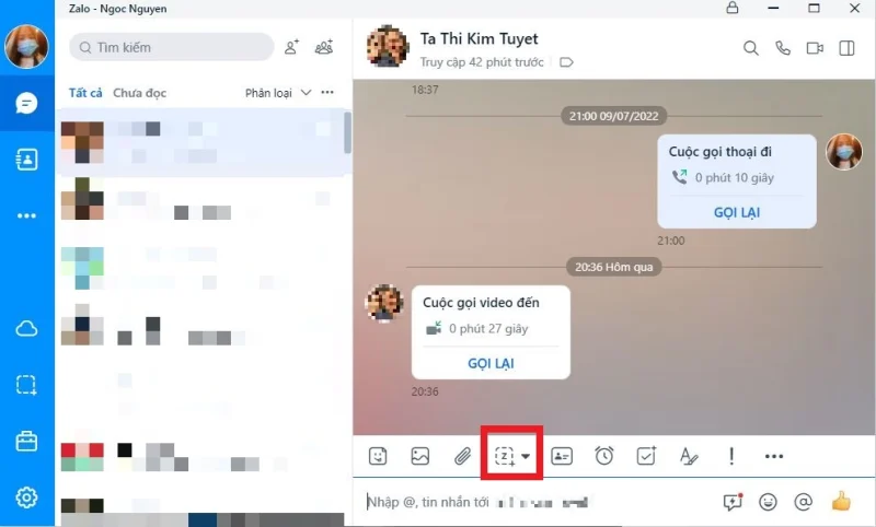 Giao diện ứng dụng Zalo trên máy tính với tính năng chụp màn hình